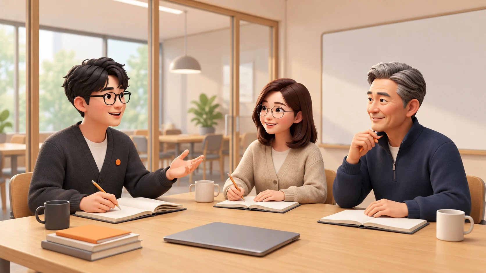 세미나실에서 함께 공부하는 장면